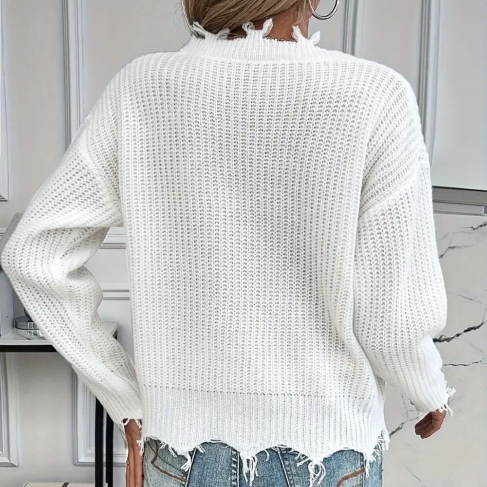 Chic White Distressed V-Neck Sweater - Picture 4 of 6